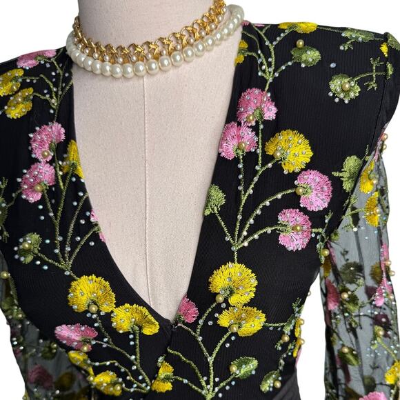 Zhivago In The Garden Floral Mesh Wrap Mini Dress black pink yellow size US 2 - Picture 6 of 15